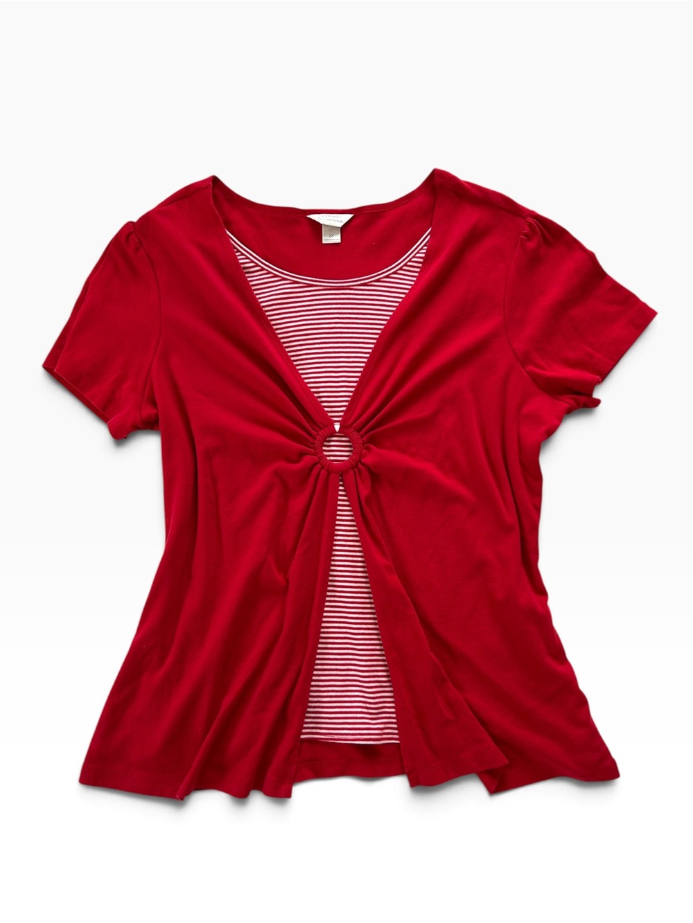 Y2K Cherry Red Short-Sleeve Front-Ring Americana Layered Top